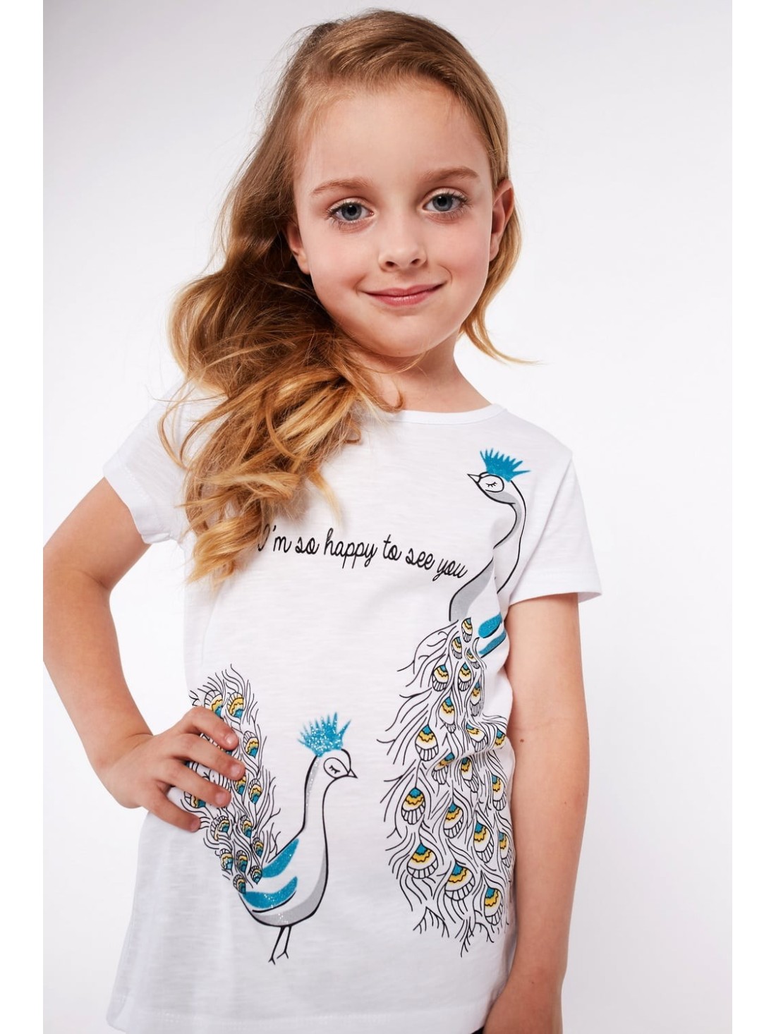 Girls\' blouse with a peacock, white NDZ8195 - Online store - Boutique